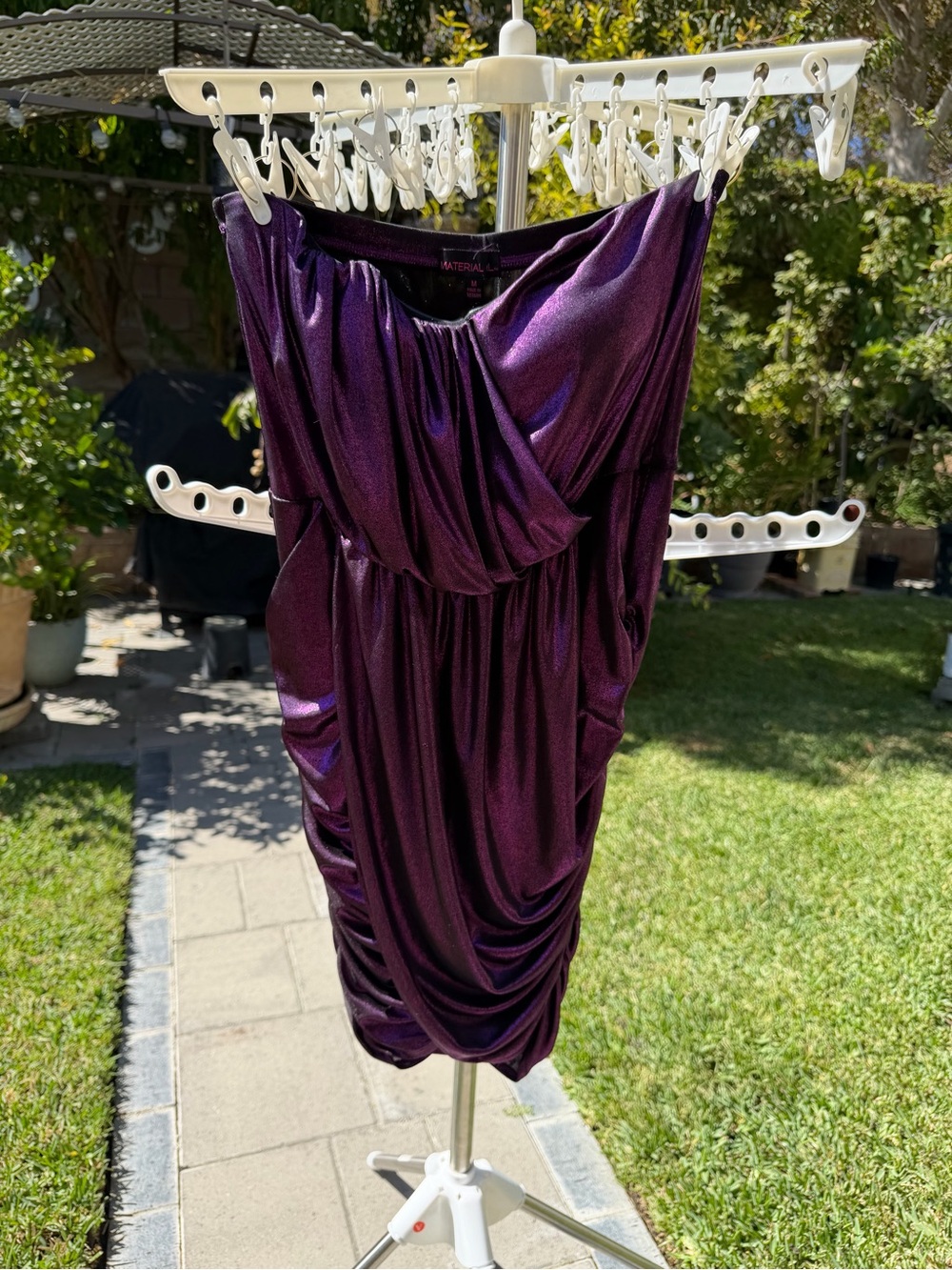 Material Girl Strapless Metallic Purple Ruched Cocktail Dress